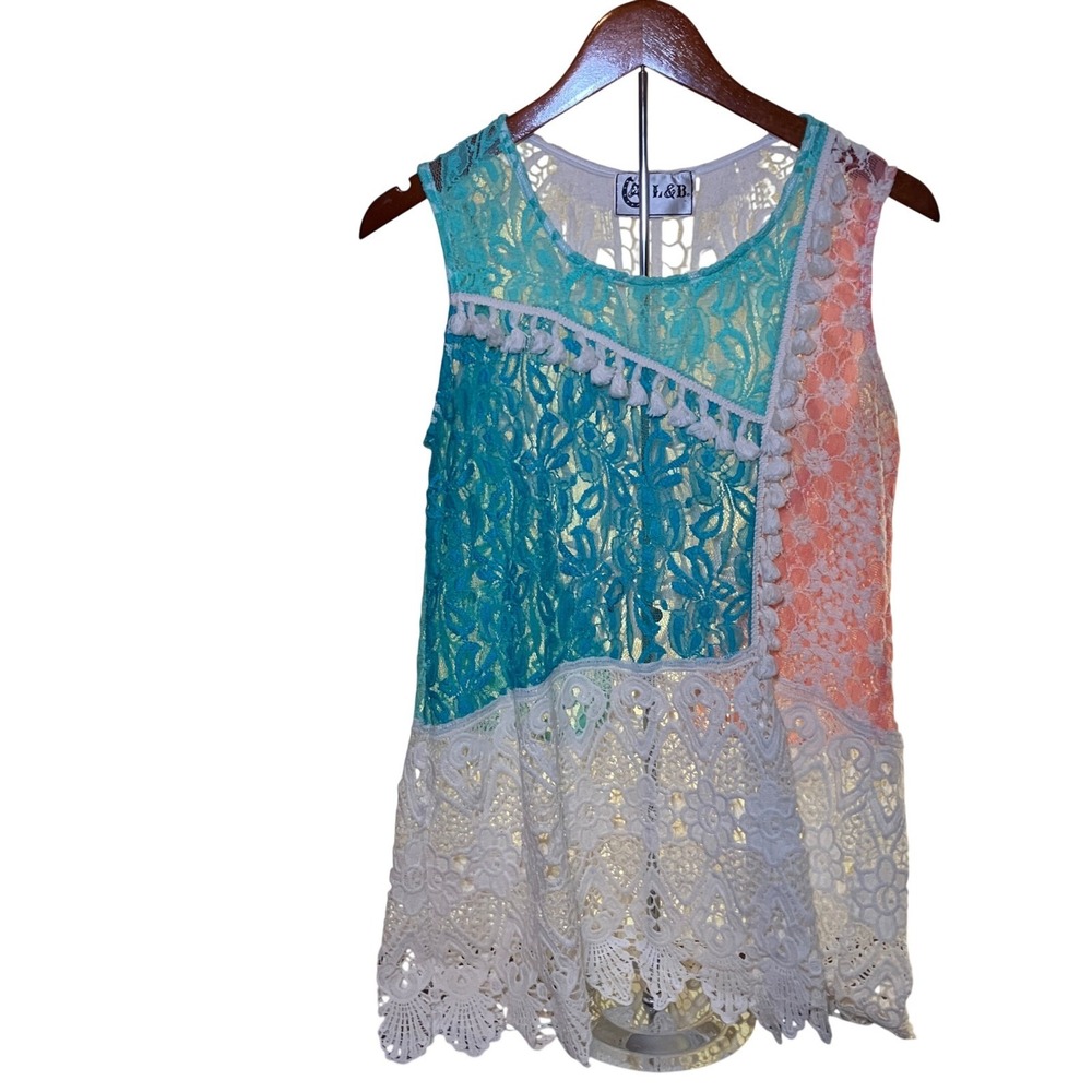 L&B Lace Womens Medium Patchwork Tank Top Teal Coral Crochet Butterfly Tassel